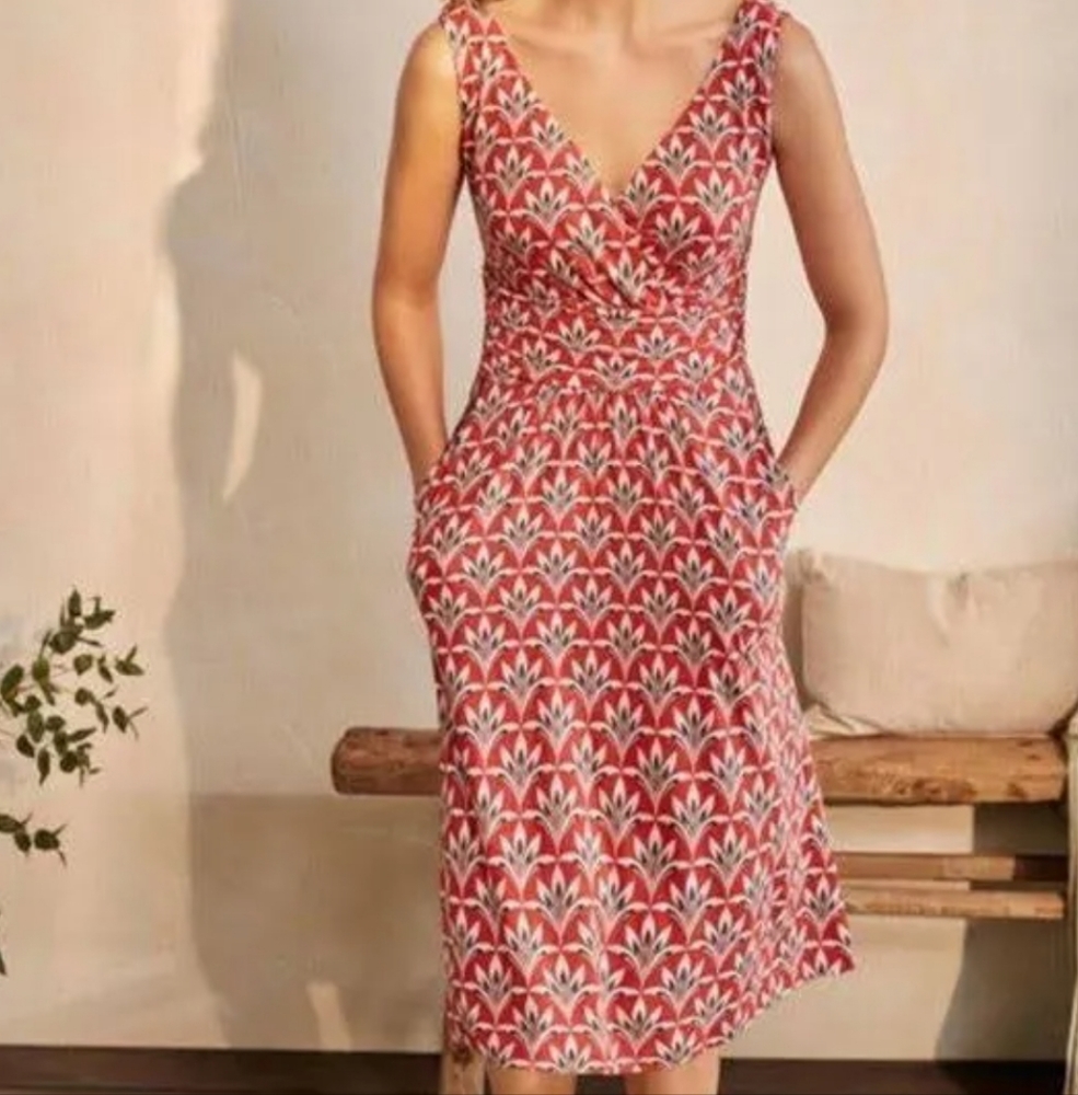 Boden Red and White Patterned Midi Dress